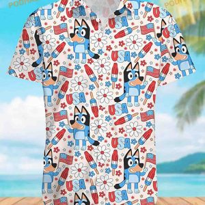 Bluey Family Print Hawaii Shirt, Blueydad Cartoon Tee,4th Of July Gift