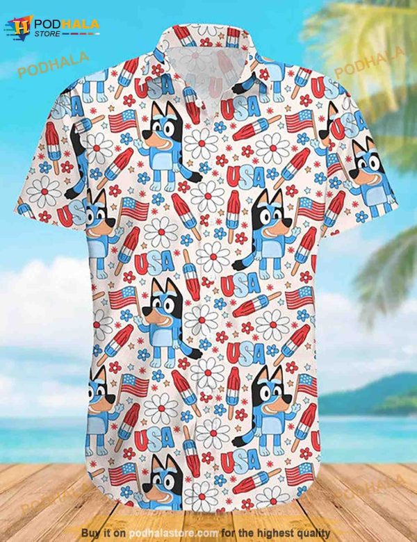 Bluey Family Print Hawaii Shirt, Blueydad Cartoon Tee,4th Of July Gift