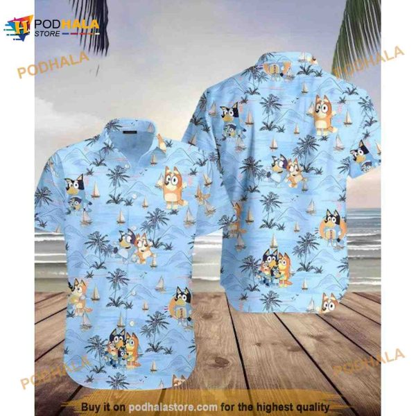 Bluey n Bingo Beach Hawaiian Shirt, Bluey Summer Beach Hawaii Button Shirt