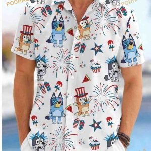 Blueydad Hawaiian Shirt, Bluey And Bingo 4th Of July Button Shirt, Blueydad Bingo