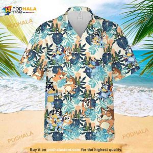 Blueydad Hawaiian Shirt, Bluey And Bingo Shirt, Bluey Family Tropical Aloha Button Shirt