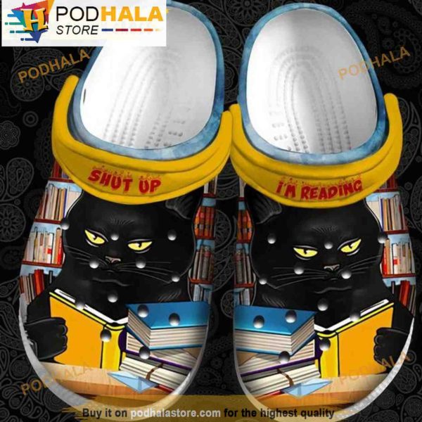 Books Cute Black Cat 3D Crocs, Funny Crocs