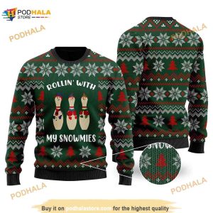 Bowling Rollin With My Snowmies Noel Pattern Funny Ugly Sweater