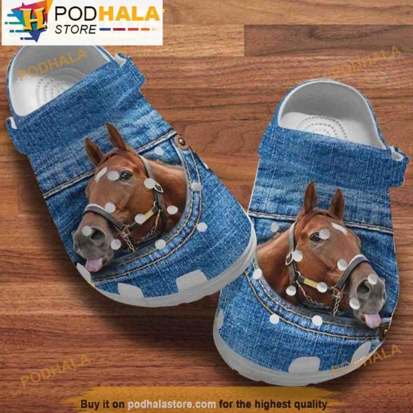 Brown Horse Denim Pattern 3D Crocs, Funny Crocs