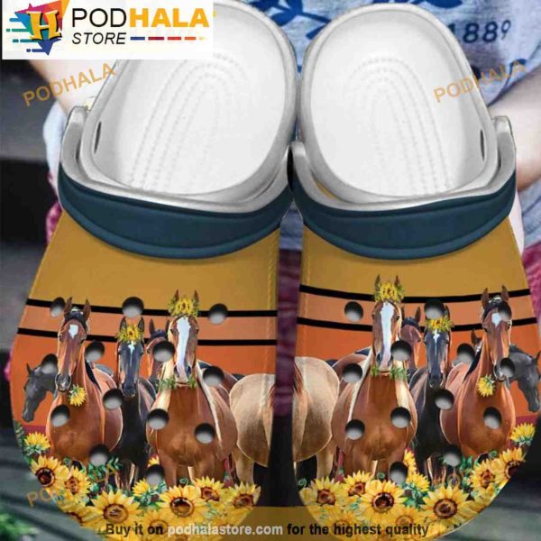 Brown Horse With Sunflowers Floral 3D Crocs, Funny Crocs