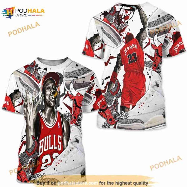 Bull 23 Jordan Unisex Sneaker 3D Shirt Match White Cement 3s Tee