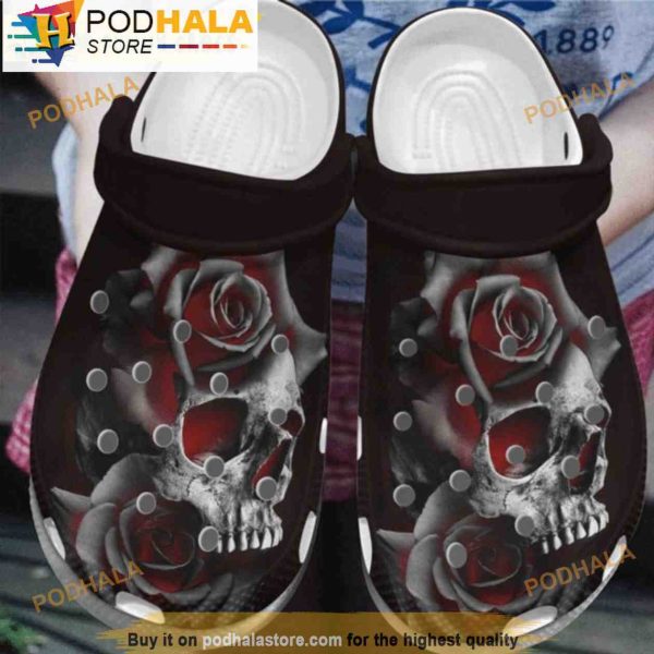 Burning Skull Rose Floral 3D Crocs, Funny Crocs