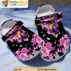 Butterfly And Pink Rose 3D Crocs, Funny Crocs