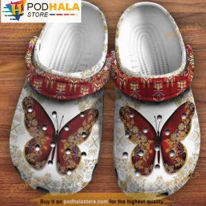 Butterfly Floral Golden Red Christmas 3D Crocs, Funny Crocs