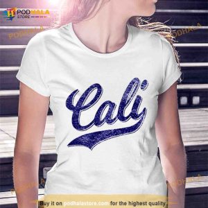 Cali California Baseball Sport Script Cursive Distressed Blue shirt