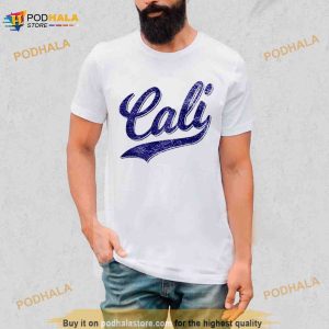 Cali California Baseball Sport Script Cursive Distressed Blue Shirt 2