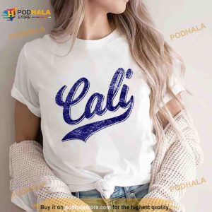 Cali California Baseball Sport Script Cursive Distressed Blue Shirt 3