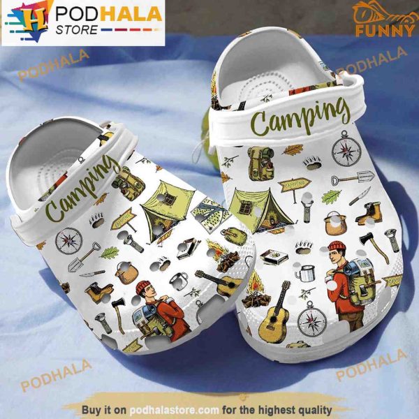 Camp Equipment White 3D Crocs Classic Clog Shoes, Funny Crocs