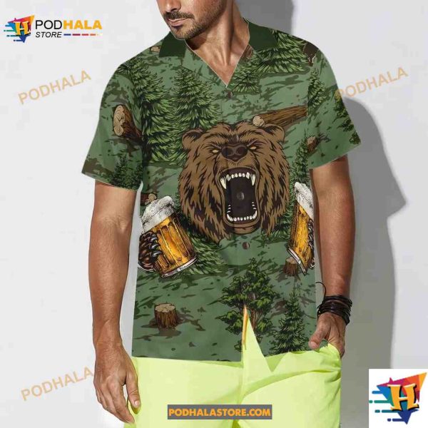 Camping Beer Hawaiian Shirt, Camping Angry Bear Drink Beer, Aloha Unisex Shirt