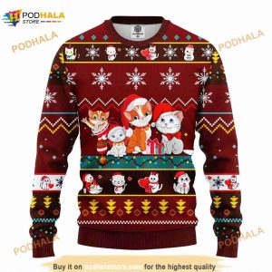 Cat Cartoon Cute Noel Mc Christmas Red Brown Ugly 3D Ugly Sweater