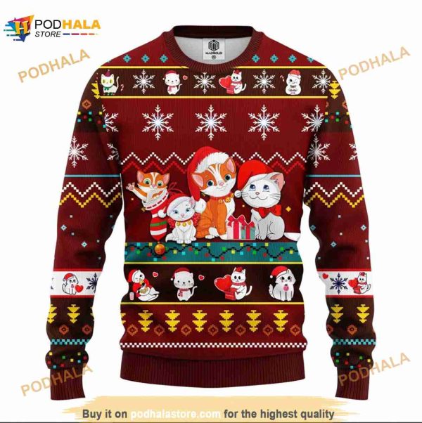 Cat Cartoon Cute Noel Mc Christmas Red Brown Ugly 3D Ugly Sweater