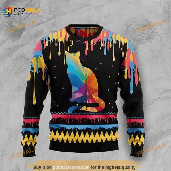 Cat Christmas Cat Ripping Color Multicolor Ugly Sweater, Funny Xmas Gift