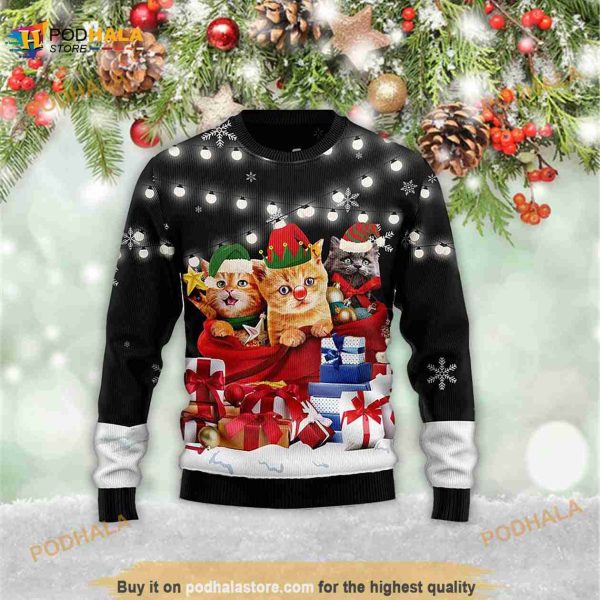 Cat Gifts Noel Retro Meowy Santa Christmas 3D Ugly Sweater