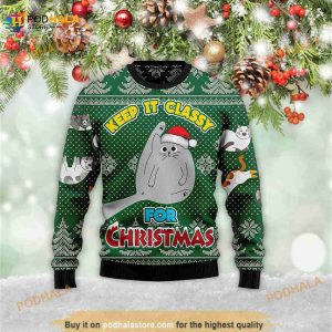 Cat Keep It Classy Retro Christmas Meowy Christmas 3D Ugly Sweater