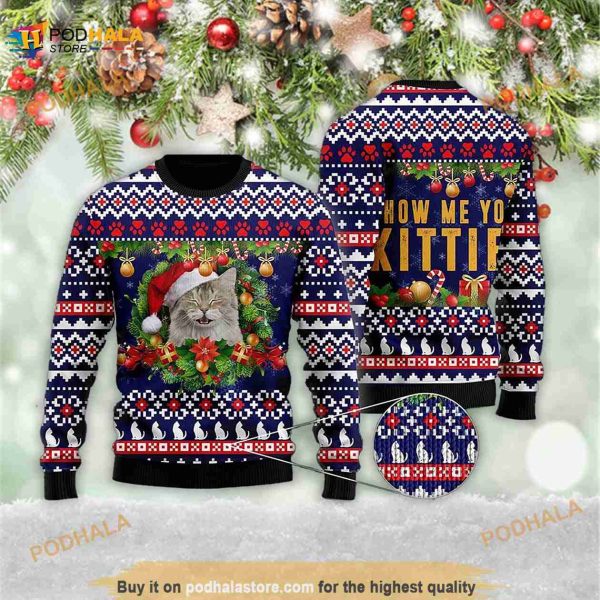 Cat Show Me Your Kitties Retro Christmas 3D Meowy Xmas 3D Ugly Sweater
