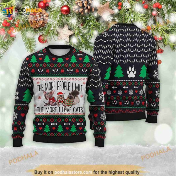 Cat The More People I Met Christmas 3D Meowy Xmas 3D Ugly Sweater