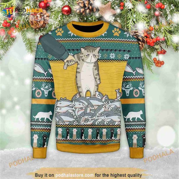 Cat With Fish Funny Retro Christmas 3D Ugly Sweater