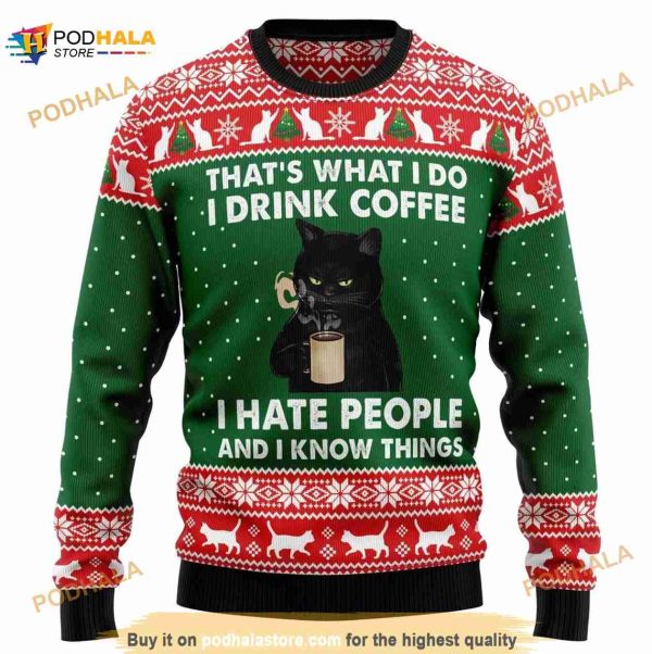 Cats And Coffee Knitted Christmas 3D Ugly Sweater