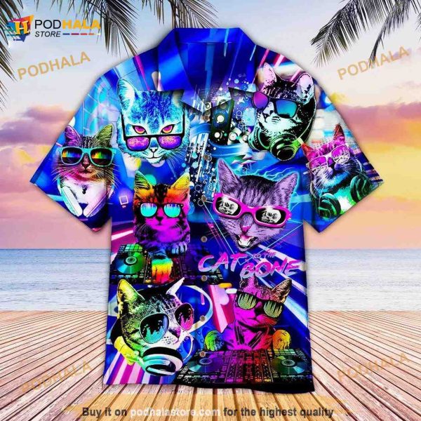 Cats Play DJ Neon Hawaiian Shirt, Music Gift For Cat Lovers