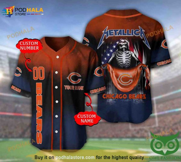Chicago Bears 3D Personalized Gift, Custom Name Number Metallica 3D Baseball Jersey