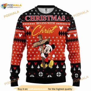 Christmas Begins With Christ Disney Mickey Xmas 3D Funny Ugly Sweater
