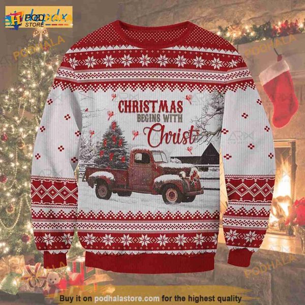 Christmas Begins With Christ Red Truck Christmas Tree 3D Funny Ugly Sweater