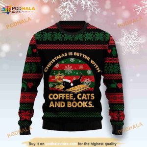 Christmas Is Better With Coffee Cat And Books 3D Funny Ugly Sweater