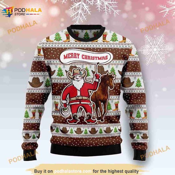 Christmas Santa Claus Is A Real Cowboy 3D Funny Ugly Sweater