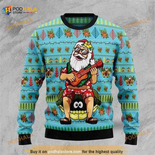 Christmas Santa Claus Playing Guitar 3D Xmas Funny Ugly Sweater