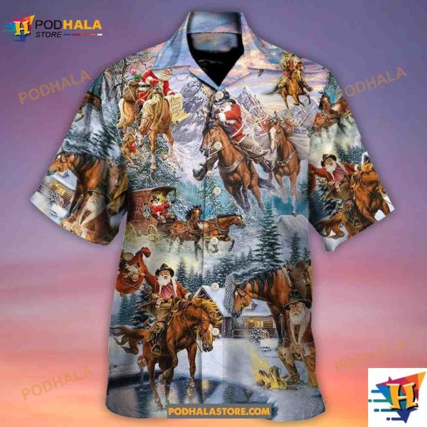 Christmas Santa Claus Riding Horse Snow Mountain Hawaiian Shirt, Gifts For Horse Lovers