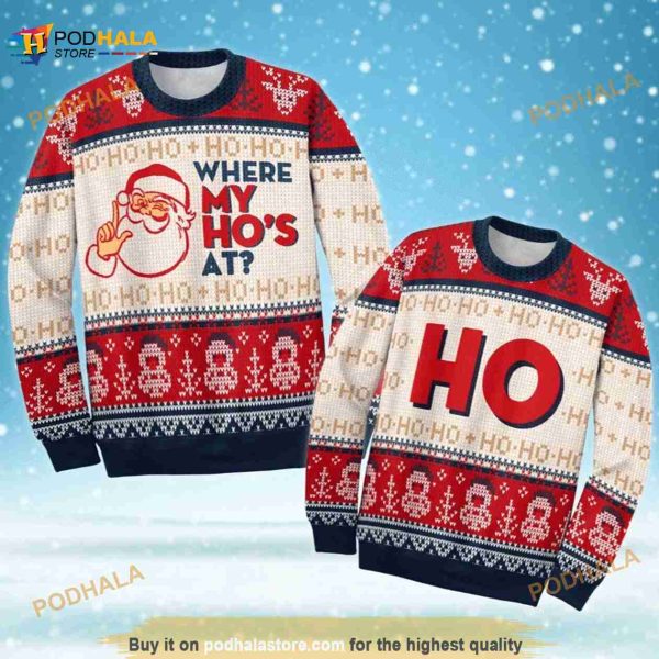 Christmas Santa Claus Where My Hos At Couple 3D Funny Ugly Sweater