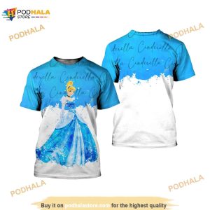 Cinderella Princess Blue Watercolor Glitter Disney Graphics Cartoon Outfits Unisex All Over Print 3D Shirt