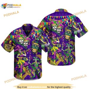 Clown Skull Happy Mardi Gras Pattern On Purple Funny Hawaiian Shirt