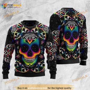 Colorful Holographic Skull Ugly Christmas Sweater