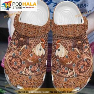 Cool Chicken Rooster With Brown Floral Clogband 3D Crocs Clog Shoes