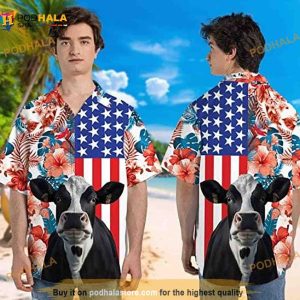 Cow Lovers Funny Hawaiian Shirt, Holstein Friesian Cattle Lovers American Flag Funny Hawaii Shirt