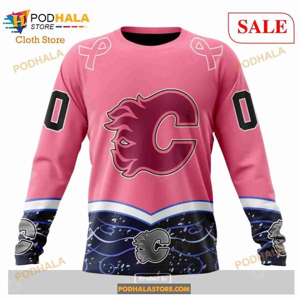 Custom Calgary Flames Unisex For Hockey Fights Cancer Sweatshirt NHL Hoodie 3D