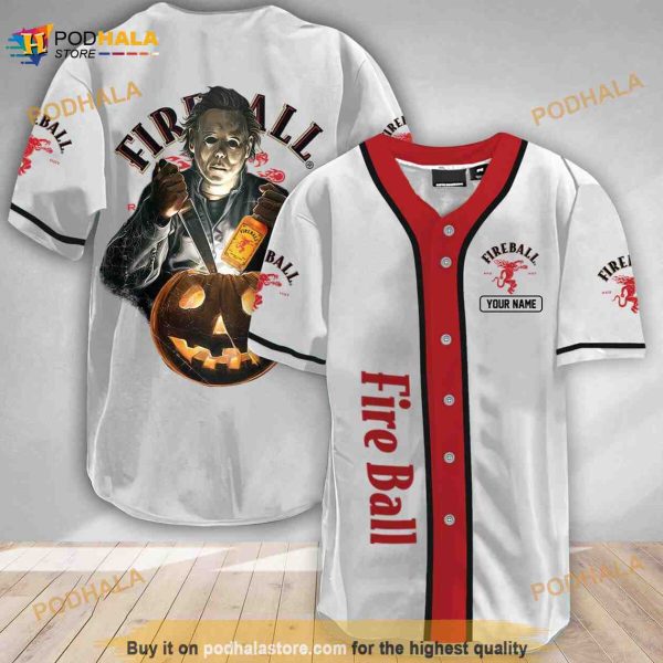 Custom Name Scary Michael Myers Pumpkin Fireball 3D Baseball Jersey