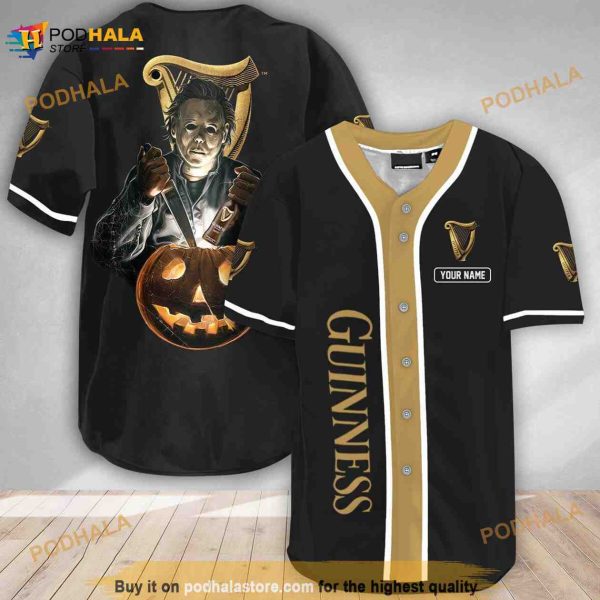 Custom Name Scary Michael Myers Pumpkin Guinness Beer 3D Baseball Jersey