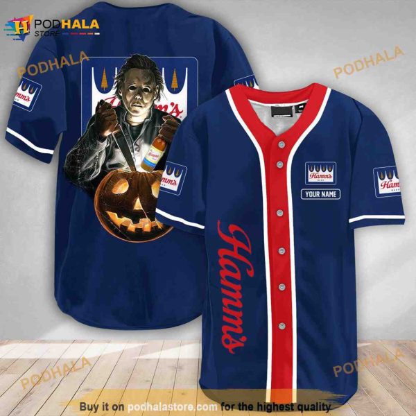 Custom Name Scary Michael Myers Pumpkin Hamm’s Beer 3D Baseball Jersey