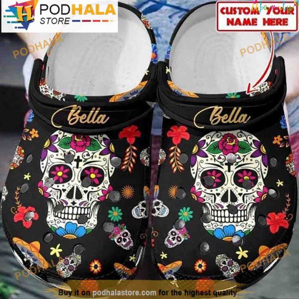 Custom Name Sugar Skull Pattern 3D Crocs Halloween, Funny Crocs