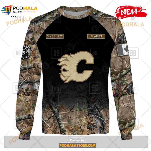 Custom NHL Calgary Flames Hunting Camouflage Design Hoodie Sweatshirt Shirt 3D