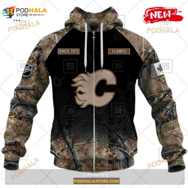 Custom NHL Calgary Flames Hunting Camouflage Design Hoodie Sweatshirt Shirt 3D