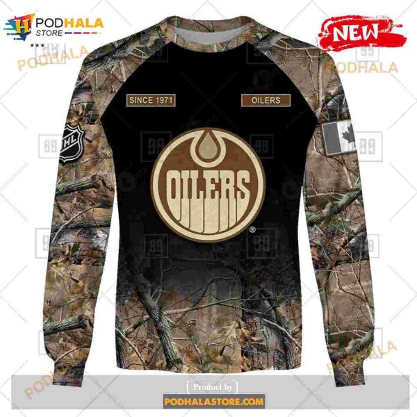 Custom NHL Edmonton Oilers Hunting Camouflage Design Hoodie Sweatshirt Shirt 3D