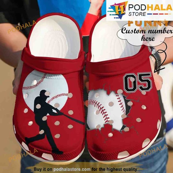 Custom Number Baseball Player Red 3D Crocs